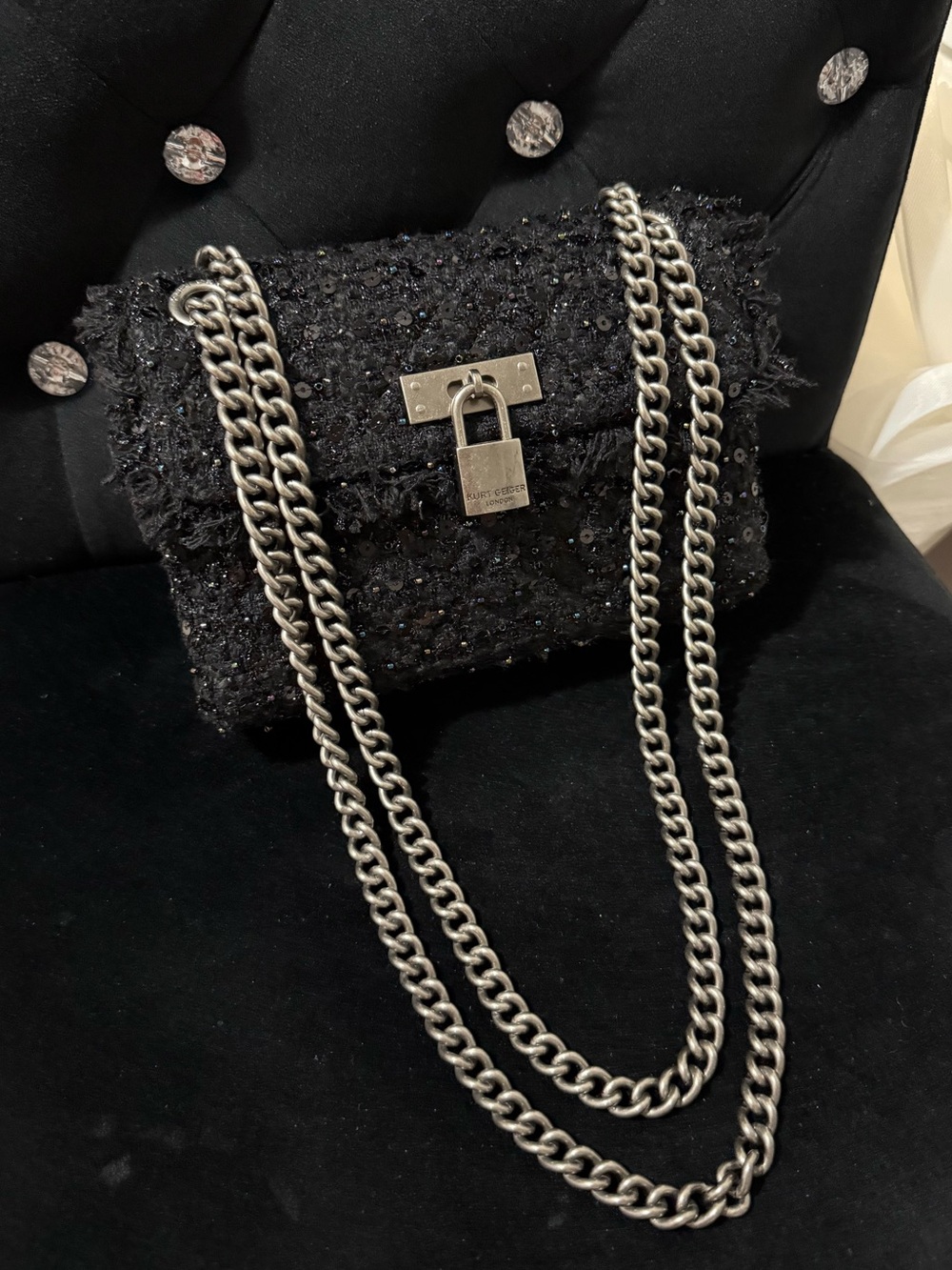 Kurt Geiger Black Tweed Small Brixton Bag with Silver Chain Strap and Lock